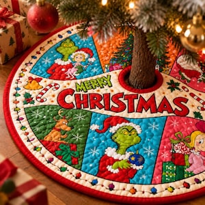 May include: A circular quilted Christmas tree skirt featuring colorful panels with illustrations of the Grinch, Max the dog, and Cindy Lou Who. The center displays the text Merry Christmas in bold red letters, surrounded by a border of holiday lights.