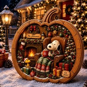 May include: A decorative pumpkin-shaped wooden display featuring a Snoopy figure sitting in a chair by a fireplace, holding a mug. The scene includes a Christmas tree, wrapped gifts, a stocking, and text reading The Johnsons and Est. 2026.