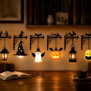 Halloween Book Tavern Lamp, Custom Bookshelf Light, Halloween Library Light, Wrought Iron Scroll Shelf Lamp, Book Nook Decor