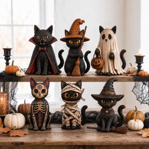 May include: A collection of six cat figurines dressed in Halloween costumes, including a vampire, a witch with a broom, a ghost holding a pumpkin, a skeleton, a mummy wrapped in bandages, and a witch with a pointed hat and a broom.