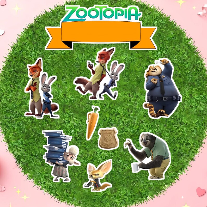 May include: A Zootopia-themed cake topper featuring various character cutouts, including Nick Wilde, Judy Hopps, and Flash. The topper includes a banner with the Zootopia logo and is set against a green, textured background.