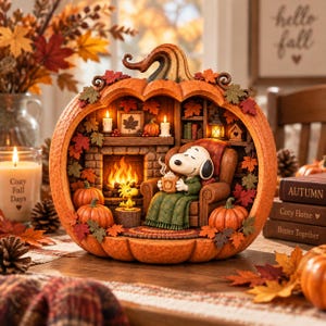 May include: A decorative pumpkin-shaped diorama featuring Snoopy sitting in a brown armchair, wrapped in a green blanket, holding a mug. The scene includes a fireplace, bookshelves, and Woodstock. The exterior is adorned with orange and red autumn leaves.