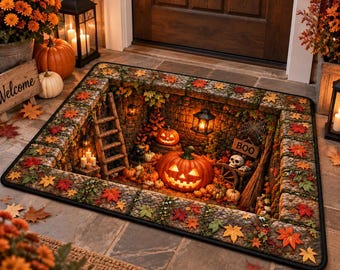 May include: A rectangular doormat featuring a 3D-style optical illusion of a stone cellar filled with Halloween decor, including carved jack-o'-lanterns, a wooden ladder, a skull, a broom, and a sign with the text BOO, surrounded by autumn leaves.
