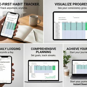 Op de afbeelding: Een digitale habit tracker weergegeven op een smartphone, tablet en laptop. De afbeelding toont de tekst "MOBILE-FIRST HABIT TRACKER" en "VISUALIZE PROGRESS". De tekst "ACHIEVE YOUR GOALS" en "Instant Download" zijn ook zichtbaar.