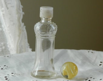 Vintage Empty Perfume Bottle, Prince Matchabelli Windsong, Small 2 1/2" Tall, Clear Glass, White Screw on Plastic Lid with Gold Speckles