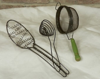 Vintage Farmhouse Kitchen, Coiled Wire Egg Separator/Boiled Egg Lifter ,Curly Wire Egg Whisk, and Green Wood handle Large Mesh Strainer