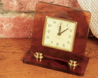 Translucent Brown Swirl Lucite Alarm Clock, Vintage  New Haven Alarm Clock by Westclox, Early Mid-Century, Art Deco Style Wind Up, Works!