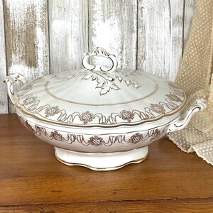 Antique Round White Tureen Covered Serving Dish, Gold Trim, W.E.P. Co. CHINA, West End Pottery