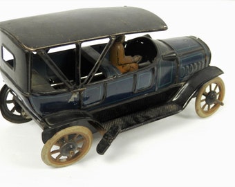 Antique Tin Touring Car Made in Bavaria, Black with Dark Blue Lithograph Tin Car, Early 1900's Wind-up Toy Tin Car, 7 1/2 Inches Long