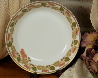 Vintage Haviland France Limoges Soup Bowl, Schleiger 106, Art Deco Green Leaves and Pink Flower Buds Design with Gold Rim