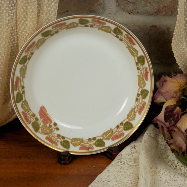 Vintage Haviland France Limoges Soup Bowl, Schleiger 106, Art Deco Green Leaves and Pink Flower Buds Design with Gold Rim