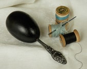Antique Victorian Edwardian Sterling Silver Sock Darner, Ornate Sterling Silver Handle, Ebony Wood Egg Shaped Sewing Sock Darner