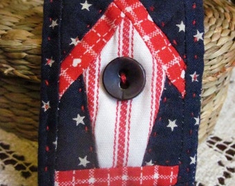 Handmade Miniature Red White and Blue Bird House Quilt Key Ring Hand Quilted with Vintage Button