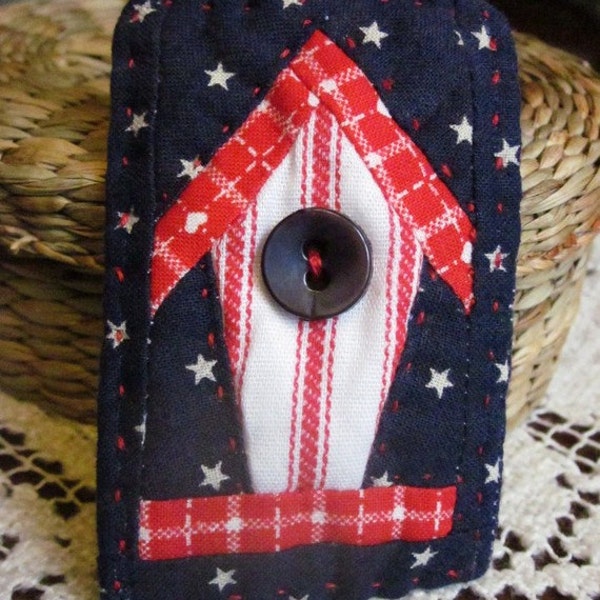 Handmade Miniature Red White and Blue Bird House Quilt Key Ring Hand Quilted with Vintage Button