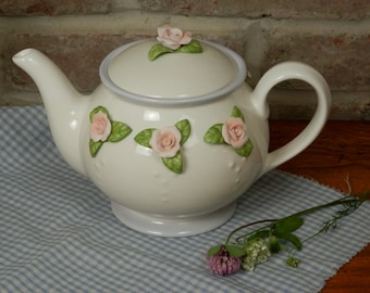 A Teleflora Gift Teapot, White Porcelain Teapot with Applied Pink Roses and Leaves, Tea Pot for Flower Bouquet, Tea Party, Bridal Table Deco