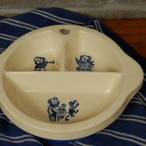 Vintage Excello Baby Dish: 1940s Divided Ceramic Plate, Flow Blue Teddy Bears
