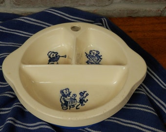 Vintage Blue and White Baby Dish, Divided Food Warming Baby Dish, by Excello, 1940's Ceramic Blue White Baby Plate, Flow Blue Teddy Bears