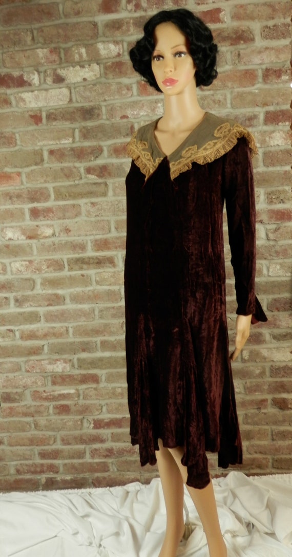 Antique Burgundy Velvet Dress, Lace Collar, Dark B