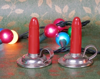 Vintage Christmas Salt and Pepper Shaker, Red Candle Stick Salt and Pepper Shaker with Metal Finger Loop Chamber stick Holder