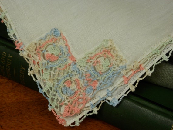 Vintage Crochet Handkerchief, Multi Color Pastel … - image 2