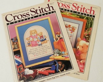 Two Vintage Cross Stitch and Country Crafts Magazines, Many DIY Gifts, Easter Egg Tree, Teddy Bear, Seaside, Mar. Apr. 89, May June 92
