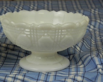 Two Vintage White Milk Glass Serving Bowls, Pedestal Base, Unique Pressed Cut Wicker Design, Scalloped Edge, 4" Candy, Nut, or Trinket Bowls