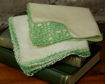 Green Hand Crochet Edge Handkerchiefs, Two Vintage Hankies, Variegated Green Crochet Edge, Crochet Corner Inset, Vintage Handmade Hankies