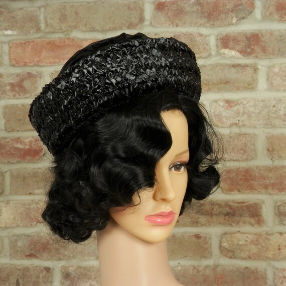 Vintage 60's Black Faux Raffia Straw Boater Hat w… - image 9