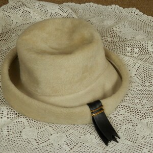 Creamy Ivory Faux Fur Hat, Vintage 60&#39;s Empress Brand Hat, Jaunty Style with Faux Leather Accent, Made in West Germany