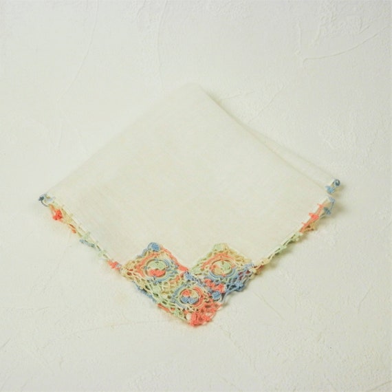 Vintage Crochet Handkerchief, Multi Color Pastel … - image 3