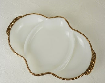 White, Gold Rimmed Divided Dish, Vintage 1950's Fire King, Anchor Hocking Serving Platter, Divided Serving Dish, Divided Tray, Candy Tray