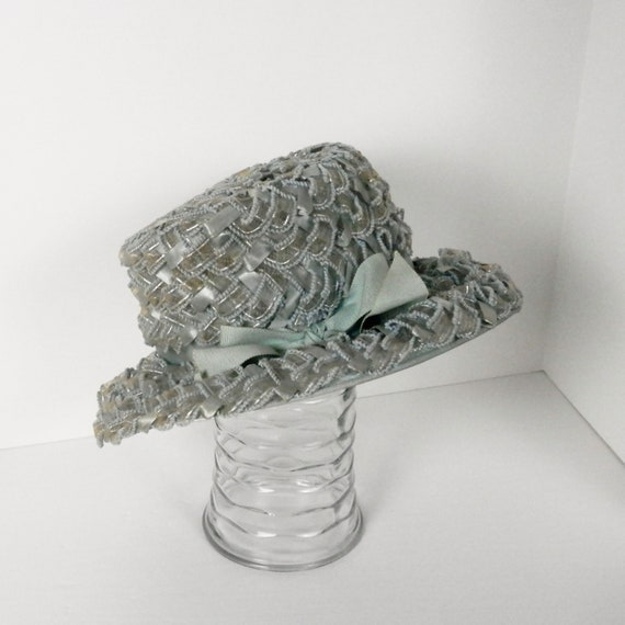Vintage 60s Raffia Bucket Hat: Blue Gray Loopy Weave With  display picture 1