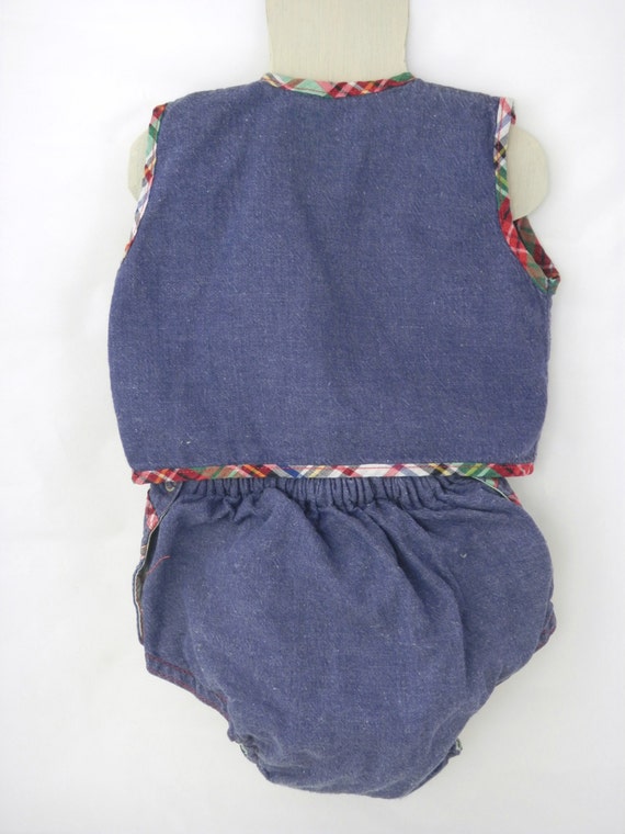 Vintage 1950s Denim Blue Baby Outfit Vest and Bib… - image 5