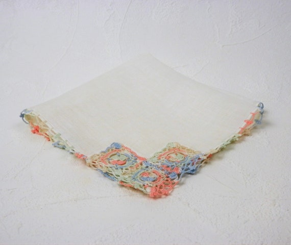 Vintage Crochet Handkerchief, Multi Color Pastel … - image 7