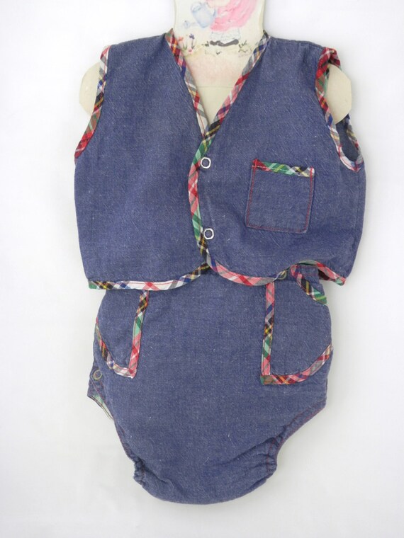 Vintage 1950s Denim Blue Baby Outfit Vest and Bib