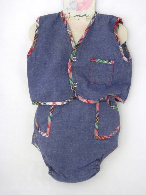 Vintage 1950s Denim Blue Baby Outfit Vest and Bib… - image 2