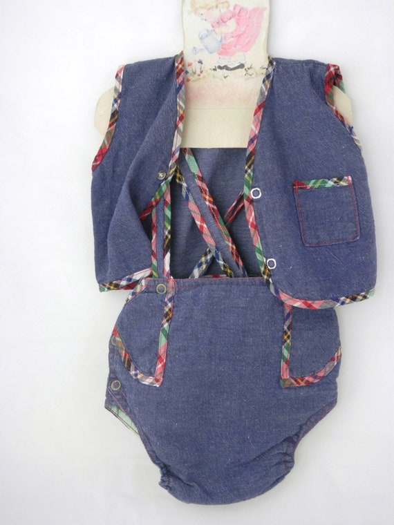 Vintage 1950s Denim Blue Baby Outfit Vest and Bib… - image 1