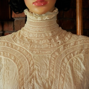 Antique Edwardian Victorian Summer Tea Garden Dress, Sheer White Cotton, Lace Inserts, pintucks, High Neck, Long Sleeves - Make an Offer