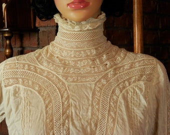 Antique Edwardian Victorian Summer Tea Garden Dress, Sheer White Cotton, Lace Inserts, pintucks, High Neck, Long Sleeves - Make an Offer