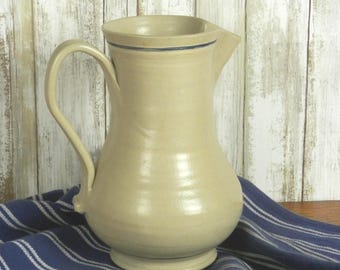 Rustic Salt Glazed Stoneware Pitcher with Cobalt Blue Stripe