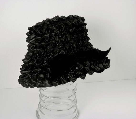 Black Raffia Bucket Hat with Black Velvet Bow, Vi… - image 8