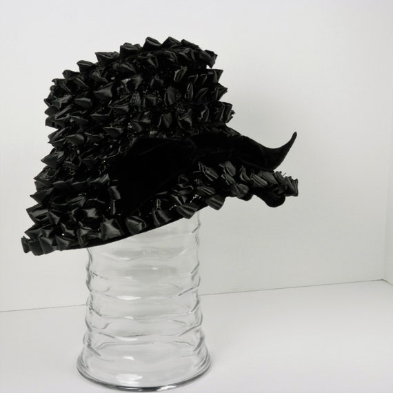 Black Raffia Bucket Hat with Black Velvet Bow, Vi… - image 1