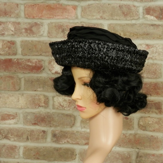 Vintage 60's Black Faux Raffia Straw Boater Hat w… - image 5