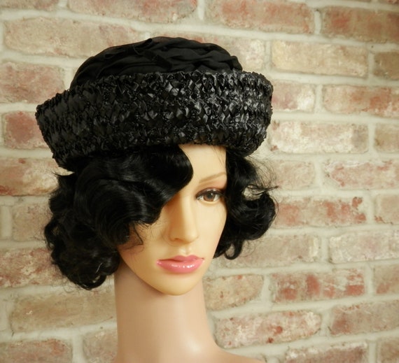 Vintage 60's Black Faux Raffia Straw Boater Hat w… - image 7