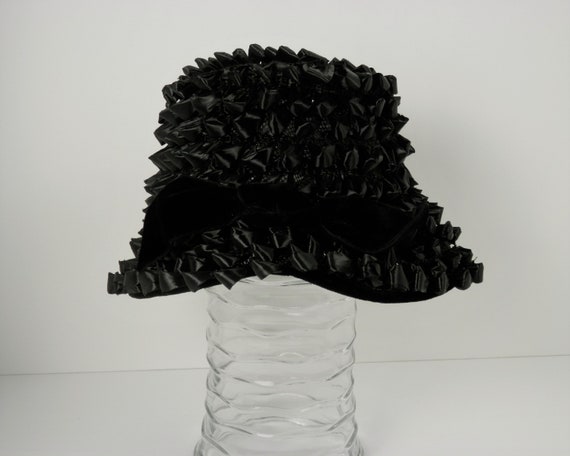 Black Raffia Bucket Hat with Black Velvet Bow, Vi… - image 4