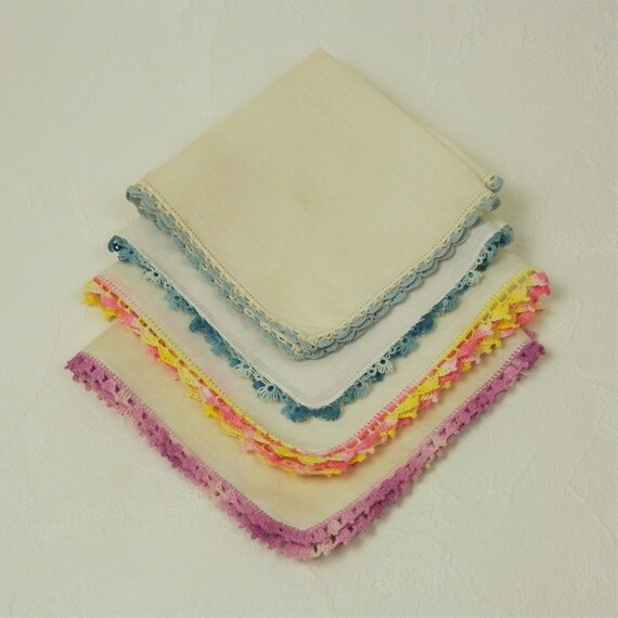 Four Vintage Crochet Edge Handkerchiefs, Bright a… - image 9