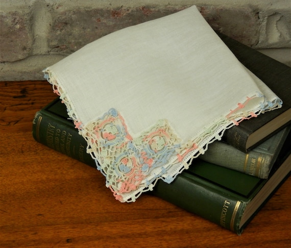 Vintage Crochet Handkerchief, Multi Color Pastel … - image 1