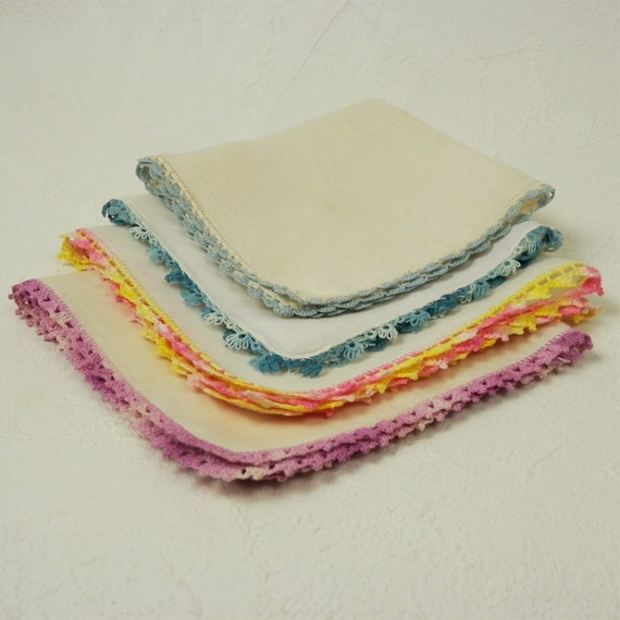 Four Vintage Crochet Edge Handkerchiefs, Bright a… - image 3