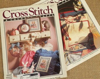 Two Vintage Cross Stitch and Country Crafts Magazines Patterns Samplers, Baby Gifts Twins, Easter, Friendship Gifts Jan/Feb 90, May/Jun 91