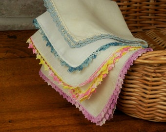 Four Vintage Crochet Edge Handkerchiefs, Bright and Cheerful Colors, Purple, Blue, Pink Yellow Variegated Lacy Edge, Vintage Handmade Hankie